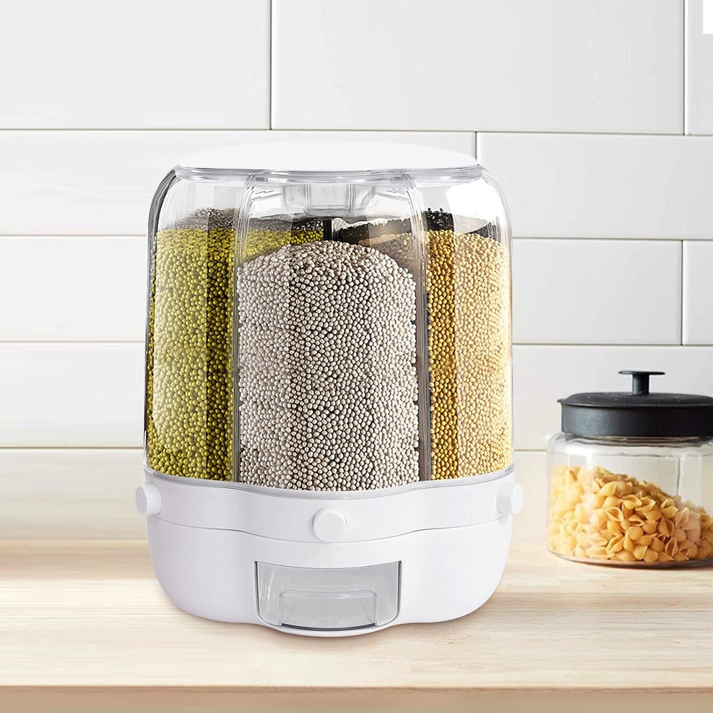 Automatic Rice Dispenser Grain Storage 27LBS,360° rotatable Household Rice Bucket,6-Grid Rice Storage Dry Food/Dried Fruit Food Storage Box