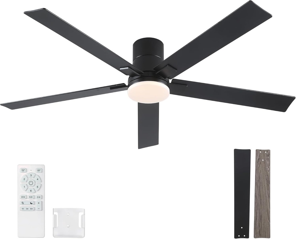 Rayqueen 60 Inch Ceiling Fans with Lights and Remote,Flush Mount Black Ceiling Fan,6 Speed Reversible DC Motor,3CCT Dimmable LED-Low Profile Design for Bedroom, Living room & Covered Outdoor