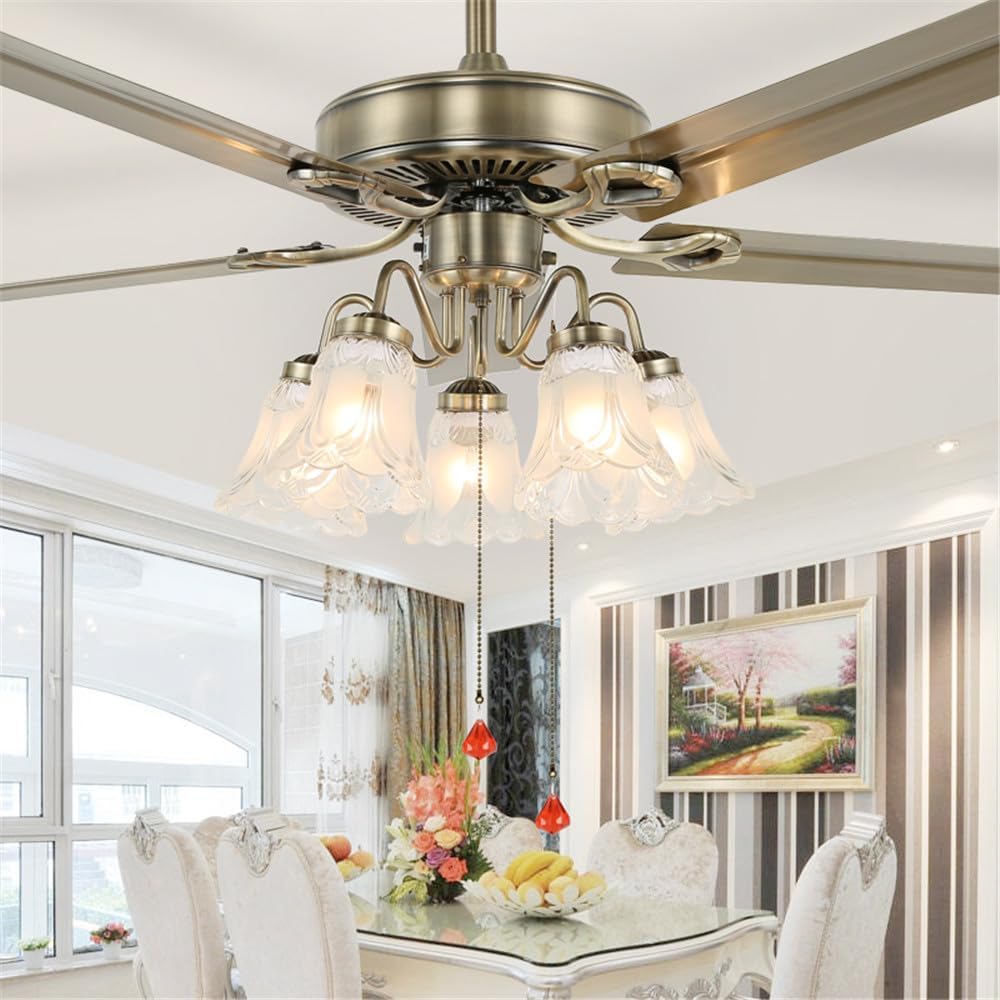 American Retro LED Fan Light European Luxury Living Room Restaurant Bedroom Study Ceiling Fan Remote Electric Fan Light (Style 26)