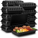 Eco-Friendly Meal Prep Containers [50-Pack 9x6x3"] Black Disposable to go Clamshell Food Containers with Secure Snap Hinged Lid, Microwave Safe Take Out Lunch Boxes, Made from Renewable Materials