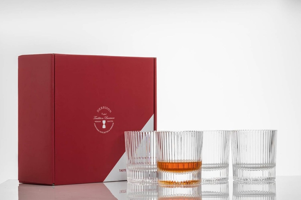 Whiskey Glasses Set of 4: 10oz Artisan Heavy Base Old Fashioned Glasses with Lead-Free Crystal, Solid and Heavy Duty Rock Glass, Elegant Base for Scotch and Cocktails, Luxury Gift Box (Ribs)