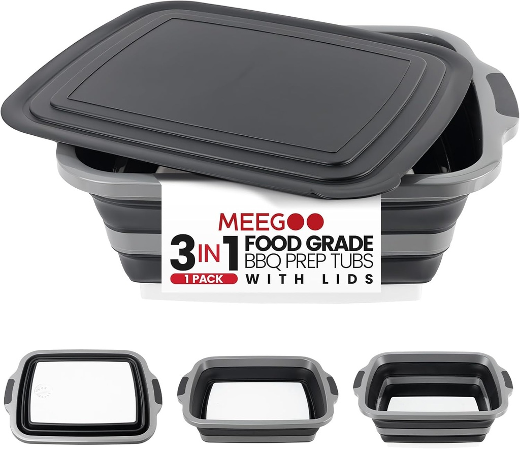 BBQ Prep Tub 3-IN-1 Large 30L Collapsible Cutting Board with Locking Lid for Meal Prep Marinating Food, Camping Sink with Colander, Dish Basin, Storage Blanket for Camping Picnic BBQ, Black
