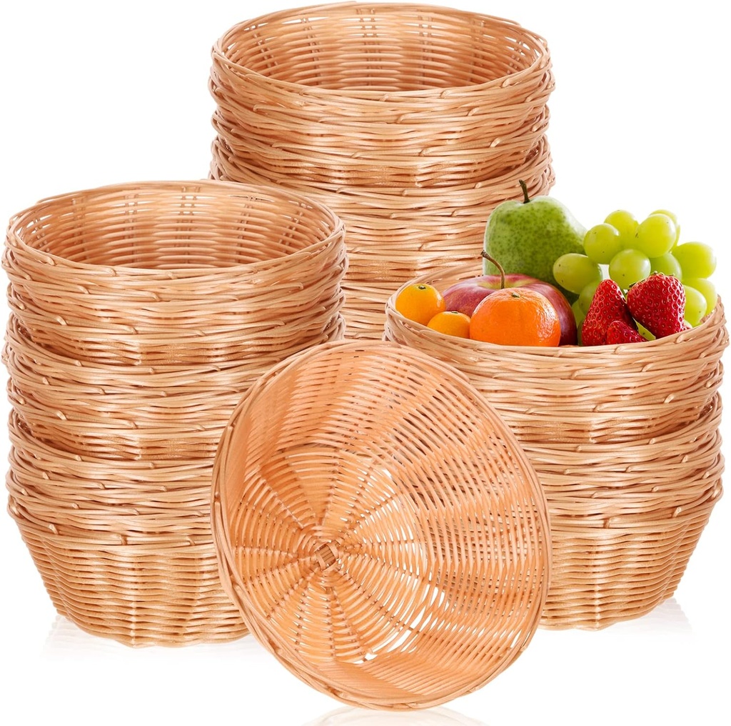 Amyhill 30 Pack Plastic Round Bread Baskets Bulk 7.1 Inch Woven Small Baskets Empty Fruit Food Vegetables Storage for Food Serving, Kitchen, Restaurant, Centerpiece, Gifts for Christmas, Thanksgiving