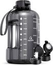 AQUAFIT 1 Gallon Water Bottle with Time Marker - Straw & Chug Lid - BPA Free Gym Water Bottle with Straw - Big Gallon Jug (Gray, 128 oz - 2 Lids)