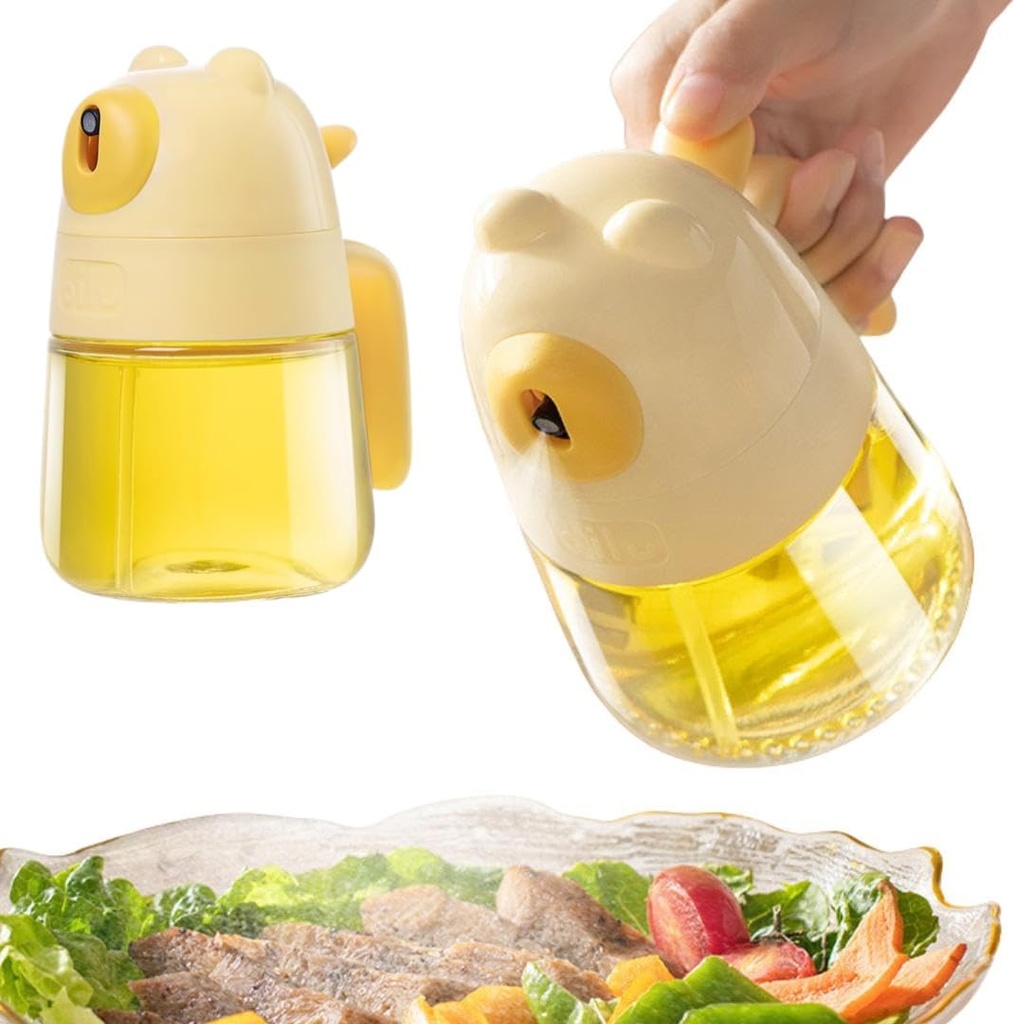 ANAM Bear-Shaped Oil Spray Bottle for Cooking & Air Fryer – 300ml Glass Olive Oil Mister Dispenser – 2-in-1 Sprayer & Pourer for Kitchen, Baking, Grilling – Leakproof, Refillable, Food-Grade (Yellow)
