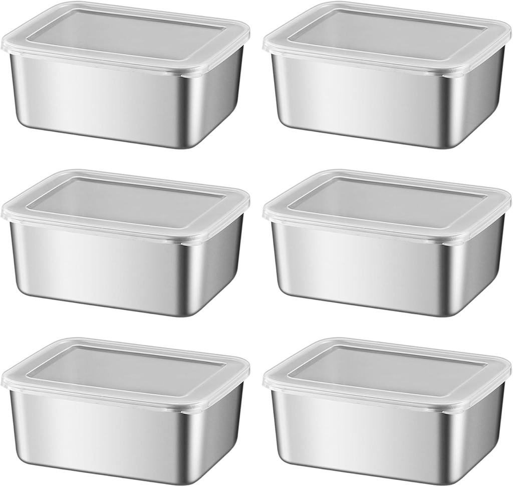 6PCS Stainless Steel Food Containers with Lids, 600ml Pizza Dough Proofing Box, Stackable Reusable Dough Proofing Box for Lunch Meal Prep Leftovers Fruits Food Containers with Lids