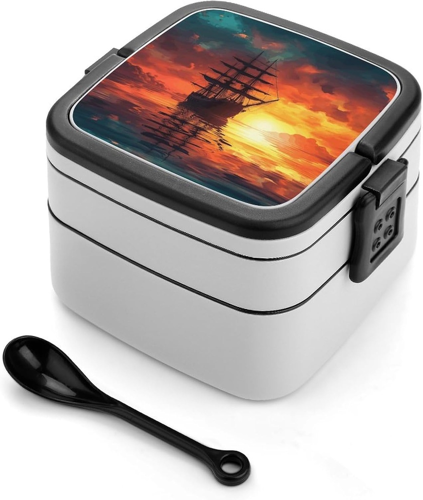 Adult Double-Layer Bento Box A Sailing Boat on The Water Portable Lunch Box with Spoon And Invisible Handle Leakproof Microwave-Safe Food Container for Work Travel Camping