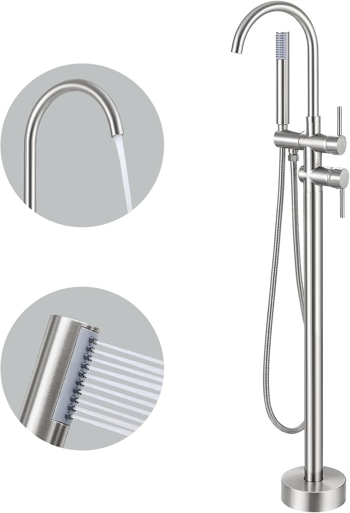 KZH Floor Mount Bathtub Faucet Brushed Nickel Freestanding Tub Fille Bathroom Faucet Single Handle with Handheld Shower Mixer Taps Swivel Spout