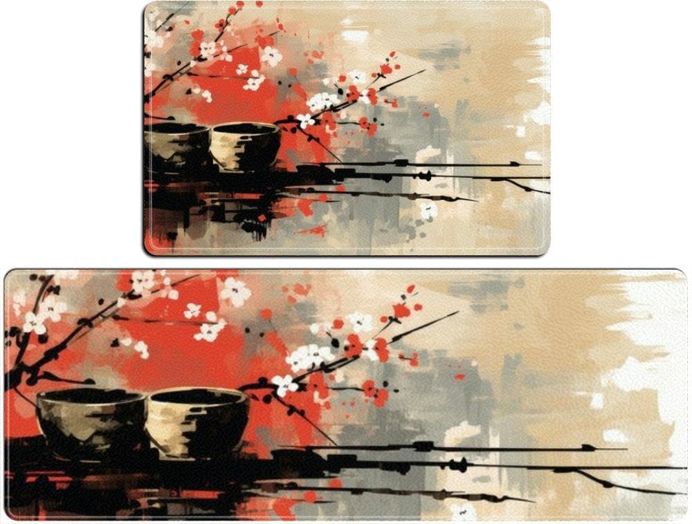 Sakura branches and sake cups oil painting imitation traditional japan Kitchen Rugs Sets of 2 Non Slip Washable Kitchen Mats for Floor 2 Piece Kitchen Sink Rug Runner Long Bathroom Rug Sets 2 Piece