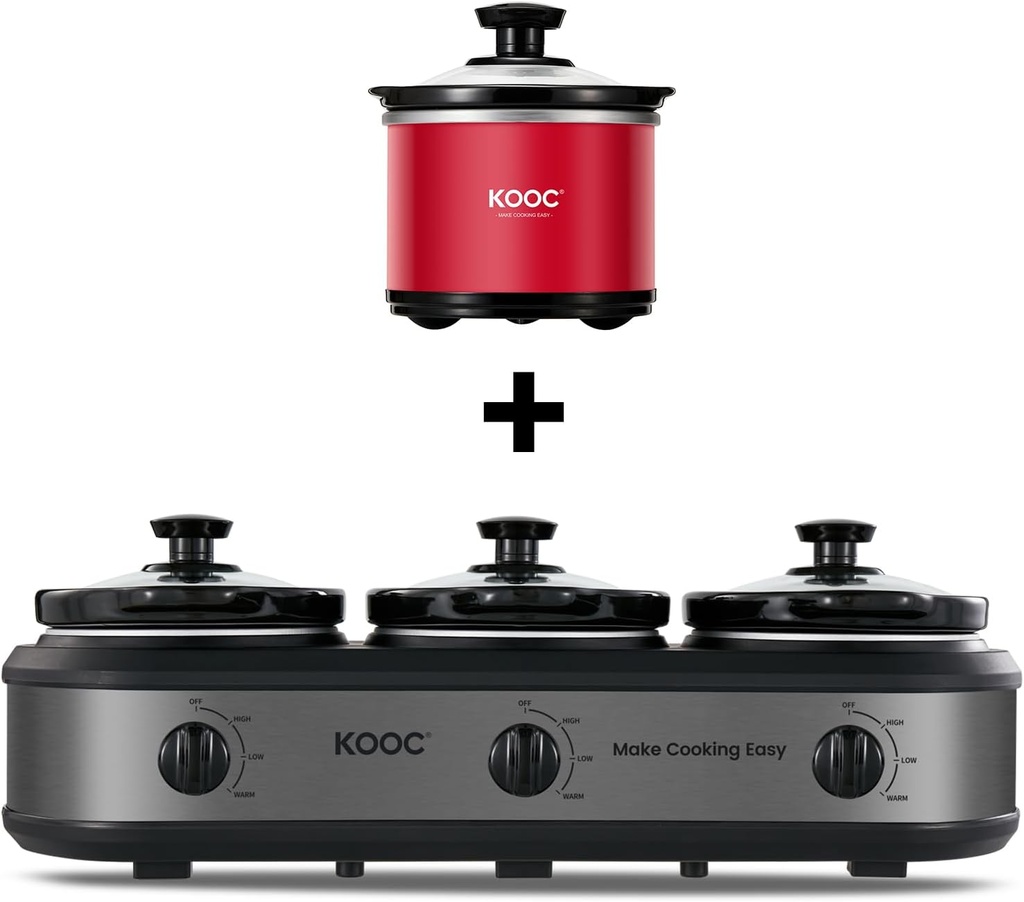 KOOC Small Slow Cooker, 0.65 Quart, Sauces, Stews & Dips, Stainless Steel, Red, Round + Triple Slow Cooker Buffet Server 3x1.5 Quart Individual Temp Control With Lid Rests & Spoons Grey