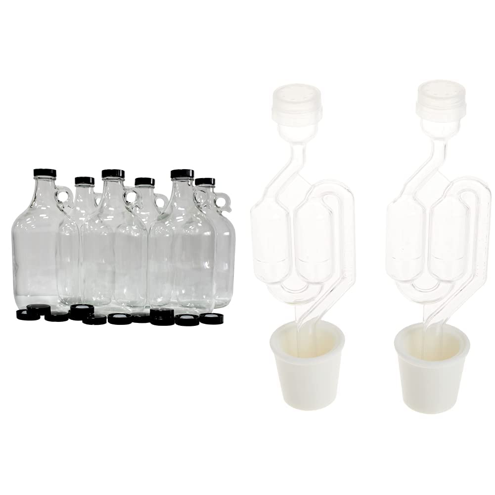 FastRack 64 oz Growler, 1/2 Gallon Glass Beer Growler, Half Gallon Glass Jug, Set of 6, Comes with 12 Extra Poly Seal Caps & Twin Bubble Airlock and Carboy Bung (Pack of 2)