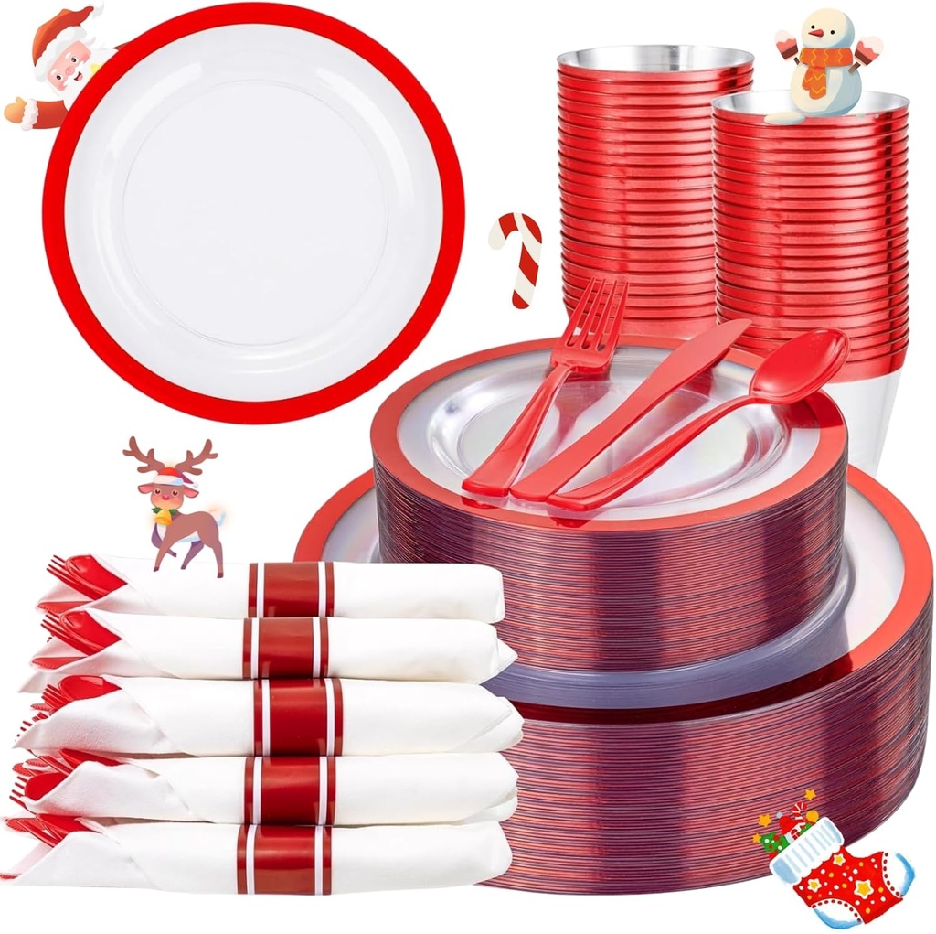 Liacere 350PCS Clear and Red Plastic New Year Plates and Napkins for 50Guests Plastic Dinnerware Set:100 Red Disposable Plates 50 Pre Rolled Napkins with Cutlery,50 Cups for Party＆Christmas