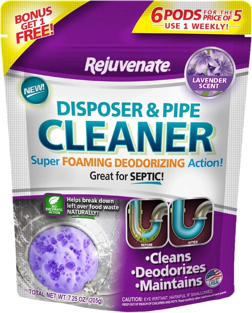 Rejuvenate Garbage Disposal and Drain Pipe Cleaner Powerful Foaming Action and Removes Garbage Disposal Smells 6 Unit Pack Lavender Scent