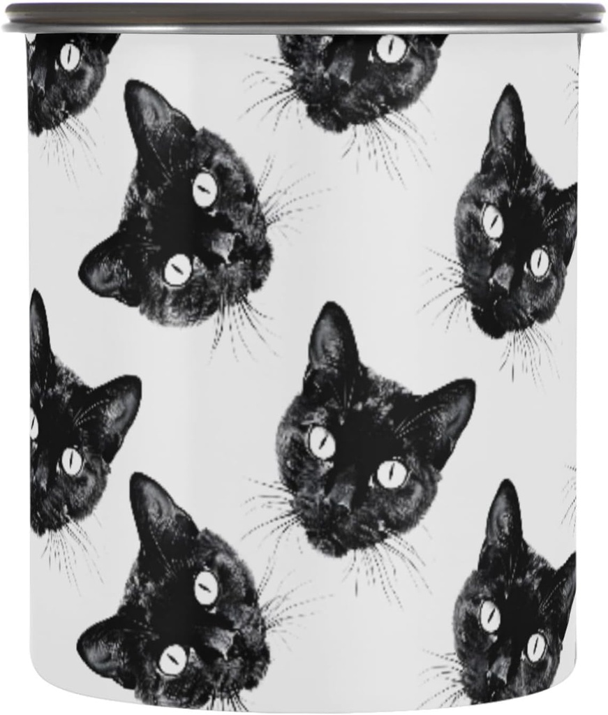 Black Cats Heads Pattern Airtight Coffee Bean Canister 30oz Food Storage Containers with Lids For Gournd, Tea, Sugar, Flour, Rice, Cereal, Candy Cookie Jar