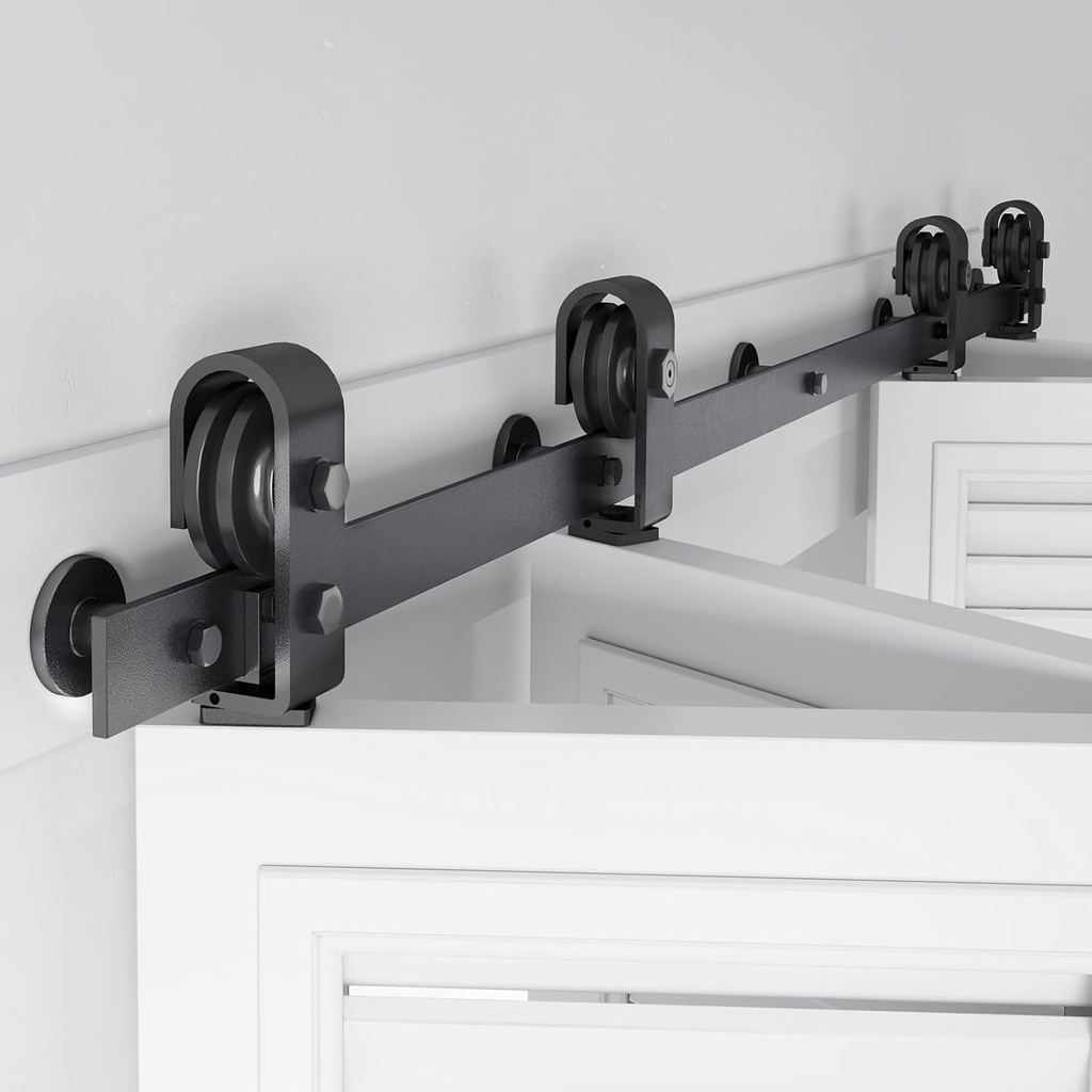 52 inch Bifold Barn Door Hardware Track Kit for Four 12 inch Closet Doors,Top Mount Sliding System,Heavy Duty Roller,Smoothly and Quietly,Black(Bifold Door Not Included)