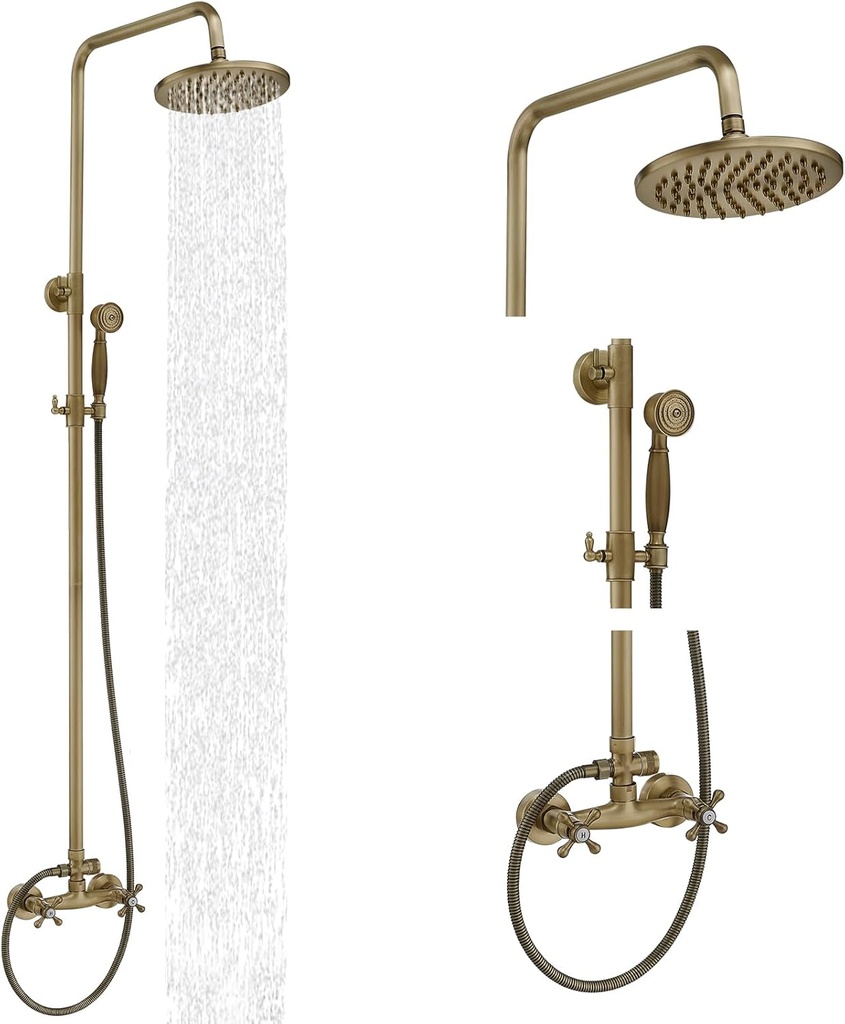 BWE Antique Brass Shower Fixtures 8-Inch Rain Shower Head with Handheld Spray Two Function Two Handle Bathroom Bath System Exposed Shower Faucet Set Wall Mounted
