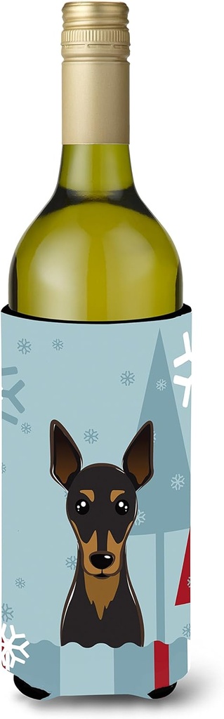 Caroline's Treasures BB1736LITERK Winter Holiday Min Pin Wine Bottle Hugger Bottle Cooler Sleeve Hugger Machine Washable Collapsible Insulator Beverage Insulated Holder