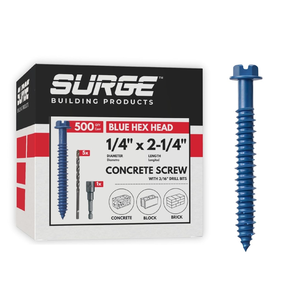 Surge BP - 1/4" x 2-1/4" Hex Head Blue Concrete Screw Anchor with Drill Bit & Driver | Masonry Screws for Concrete, Block, and Brick (Box of 500)