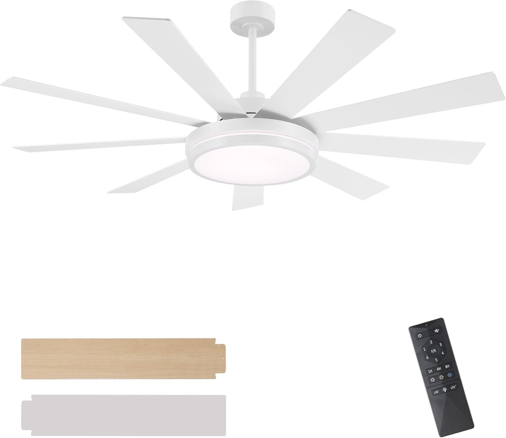 WINGBO 60" Ceiling Fan with Light - Large LED Dimmable Light, 6-Speed Remote Control, Reversible DC Motor, Modern Ceiling Fan 9 Blades for Bedroom, Living Room, Indoor Outdoor White and Oak