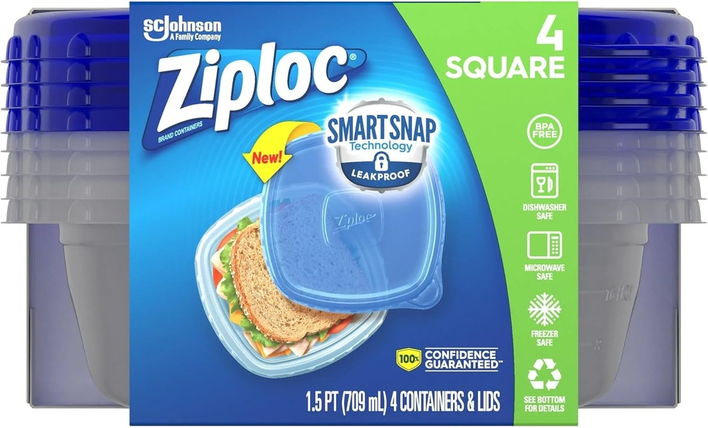 Ziploc® Brand, Food Storage Containers with Lids, Smart Snap Technology, Square, 4 ct