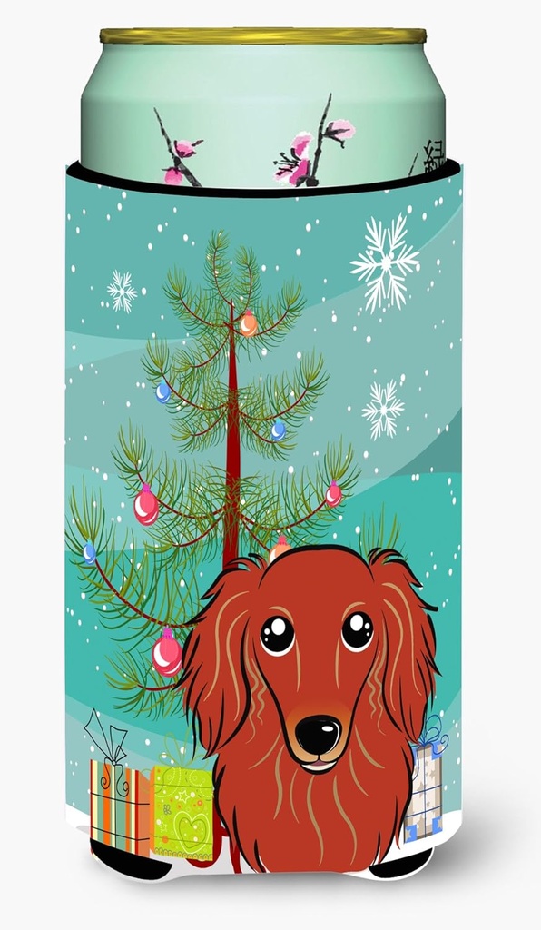 Caroline's Treasures BB1586TBC Christmas Tree and Longhair Red Dachshund Tall Boy Hugger Can Cooler Sleeve Hugger Machine Washable Drink Sleeve Hugger Collapsible Insulator Beverage Insulated Holder