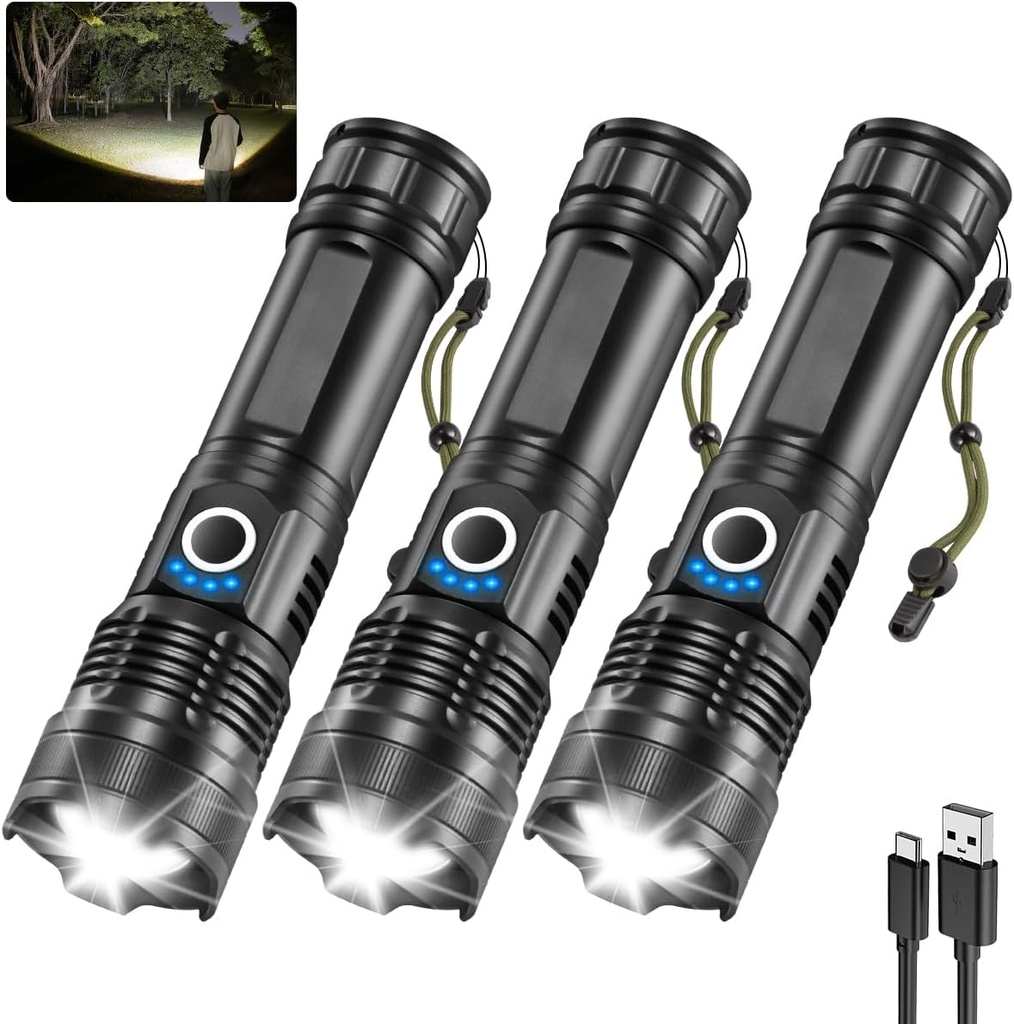 3Pack Rechargeable Flashlights High Lumens, 5Modes LED Flashlight Rechargeable, Super Bright Flashlight High Powered, Adjustable Tactical Flashlight, Powerful Flash Light for Home Emergencies
