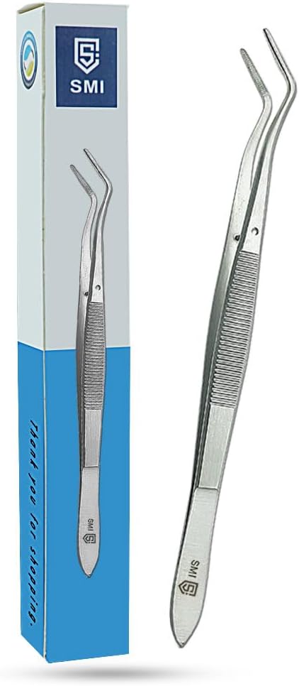 SMI 16cm Precision Tweezers Curved Professional Tweezers Industrial Hobby Tweezers Stainless Steel DIY Serrated Tip