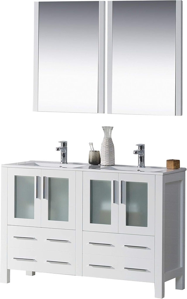 Blossom 48” Double Bathroom Vanity with Sink and Mirror, Solid Wood, Double Ceramic Sinks, 2 Mirrors, Soft Close Drawers, Durable Build - Storage Cabinet for Small & Large Bathrooms (Glossy White)