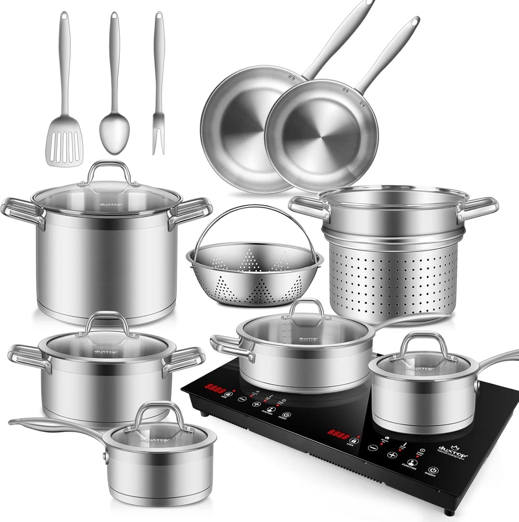 Duxtop 1800W Portable Induction Cooktop 2 Burner 8620BI and Duxtop Professional 17PC Induction Cookware Set