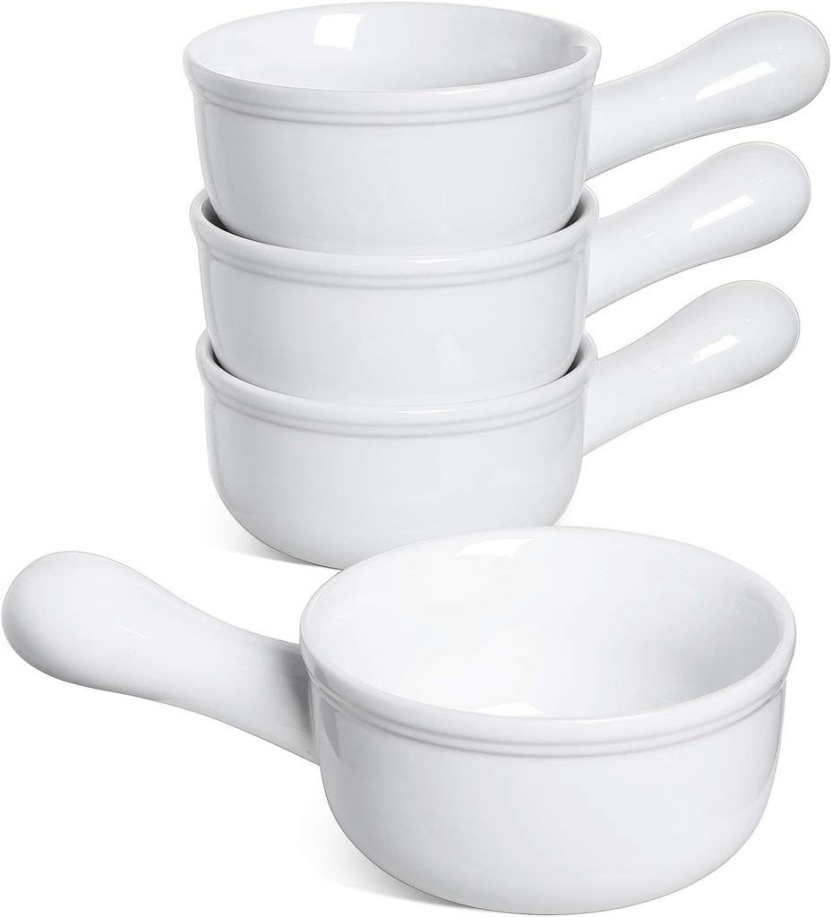 LE TAUCI Soup Bowls with Handle, 15 Oz Ceramic French Onion Soup Bowls, Large Soup Crocks Oven Safe for Stew, Onion, Soup, Chilli, Set of 4, White