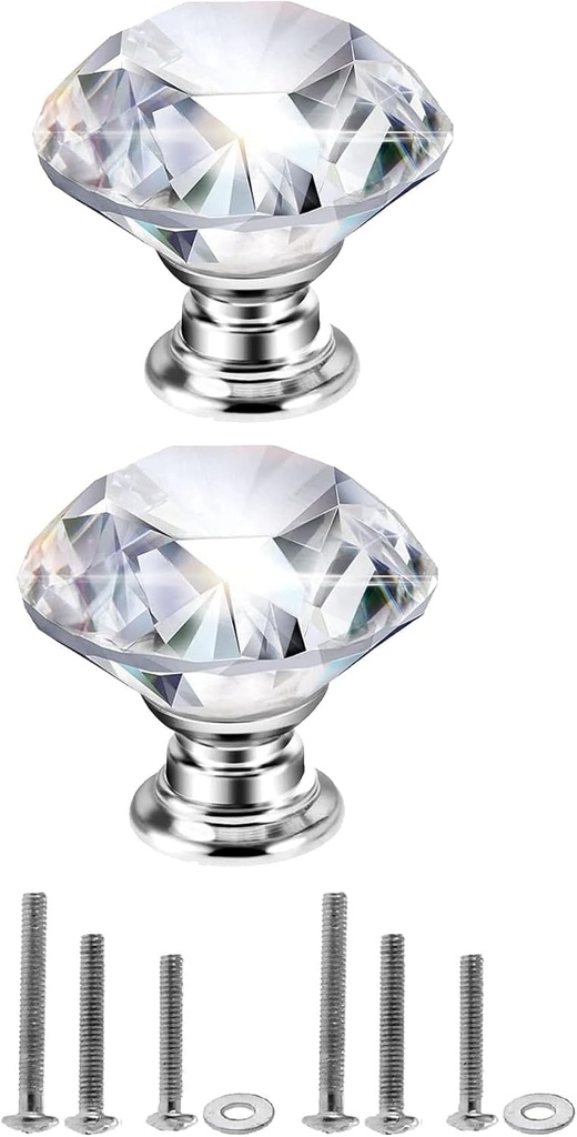 Mtsooning 2PCS Crystal Knobs Diamond Shaped Handles Clear Glass Cabinet Knobs for Closet Drawer Kitchen Dresser Cupboard Wardrobe,3 Size Screws