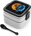 Sun And Moon Stackable Bento Box for Adults Double Layer Lunch Boxes Set with Spoon And Invisible Handle