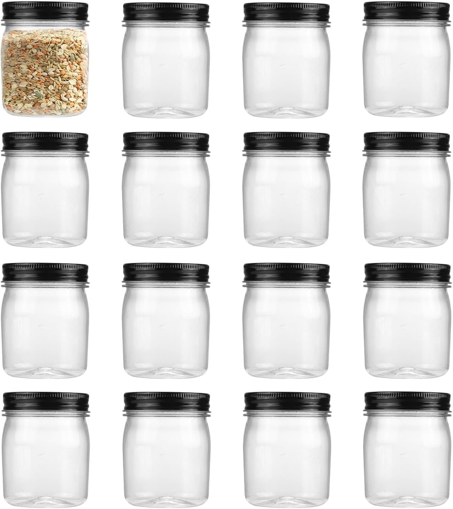 8 Ounce Clear Plastic Mason Jars With Screw On Lid, Reusable Empty Jars for Food Storage, Round BPA Free Containers for Sealing, Dry Food, Snacks, Candies, Breakage-proof, (Black - 16 Pack)