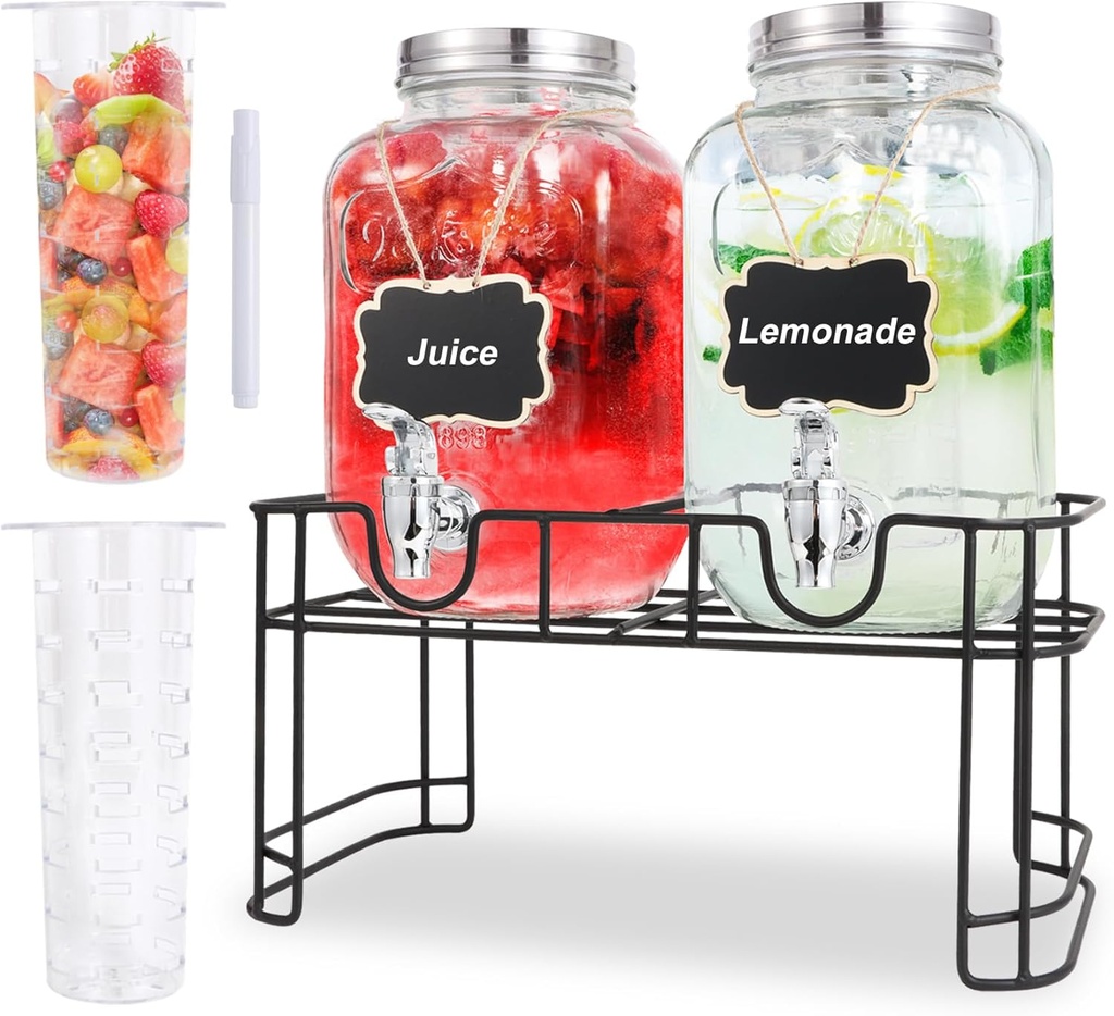 1 Gallon Glass Drink Dispensers For Parties-Set of 2,Drink Dispenser with Fruit Infuser & Stand,Juice or Beverage Dispenser for BBQ, Picnic, Party,Laundry Detergent Dispenser