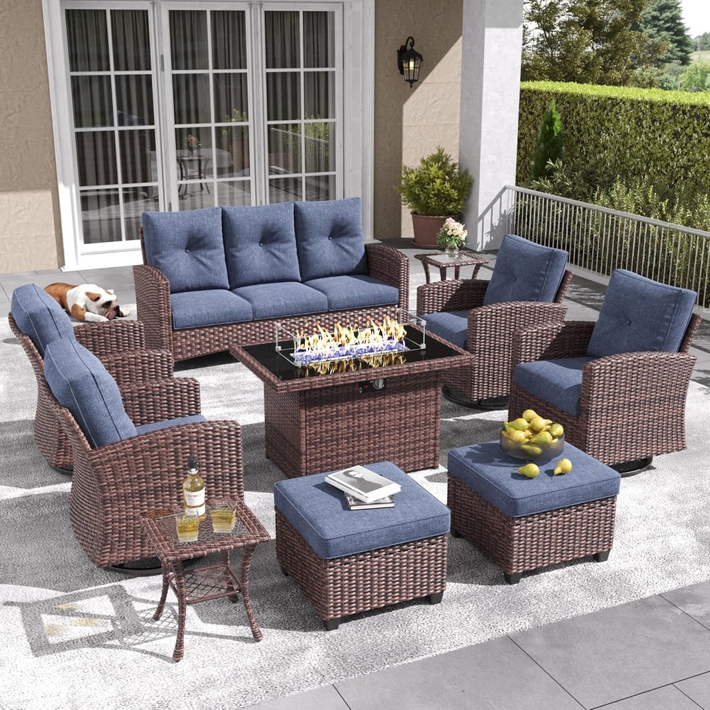 LayinSun 10 Pieces Patio Furniture Set with Swivel Chairs, Rattan Wicker Rocking Glide Chairs with 44" Propane Gas Fire Pit Table Conversation Set