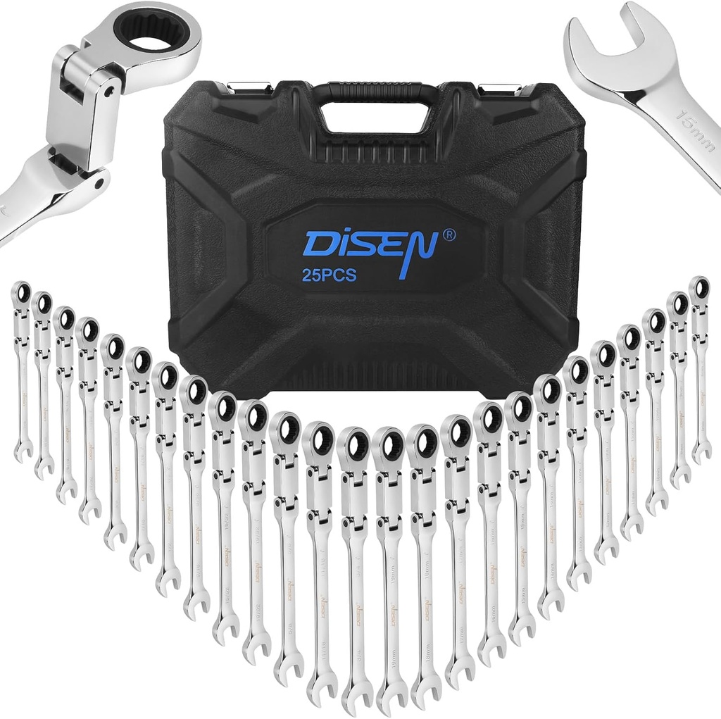 DISEN Ratcheting Wrench Set 25pcs, Flex Head Ratchet Wrenches Double Foldable, Metric 8-19mm and SAE 1/4'' -3/4'', 72-Teeth, Cr-V Steel,12 Point Combination Wrench set with Heavy Duty Case