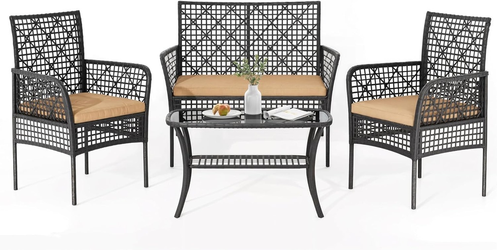 4 Piece Patio Furniture Set, Outdoor Wicker Chairs Rattan Conversation Sets with Cushions and Glass Coffee Table for Porch Garden Poolside Backyard, Khaki