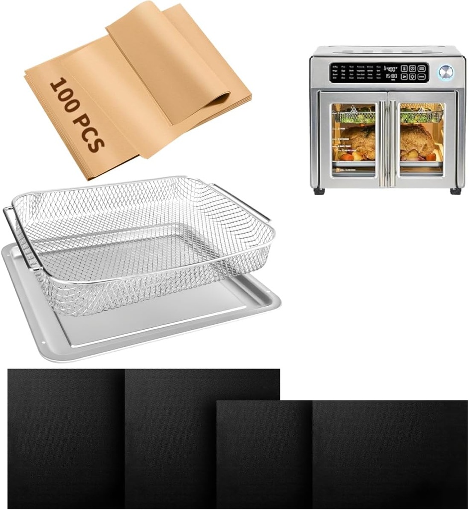 Air Fryer Accessories Compatible with Emeril Lagasse 26 Qt Extra Large, Baking Pans Set with Stainless Steel Baking Sheet Basket, Parchment Paper Teflon Mat for Oven