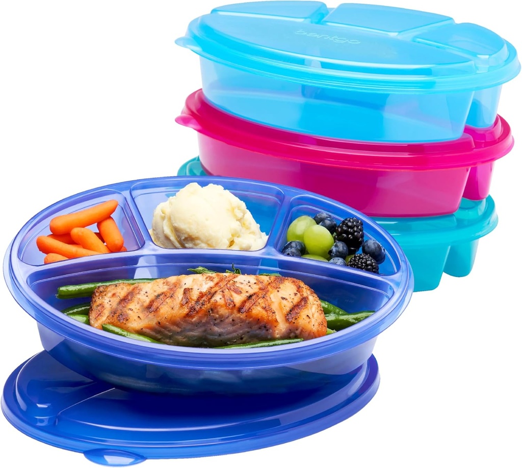 Bentgo Easyboxes 4-Compartment Oval Containers - Patented Design 8-Piece Set; 4 Trays & 4 Fitted Lids Seal in Freshness; Reusable Food Storage & Meal Prep BPA-Free Containers (Jewel Brights)