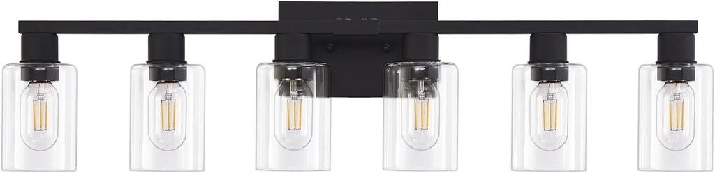 6 Light Bathroom Vanity Light, Matte Black Vanity Light Fixtures, Large Vanity Lights for Bathroom, Farmhouse Light Fixtures with Clear Glass Shade for Bathroom Over Mirror