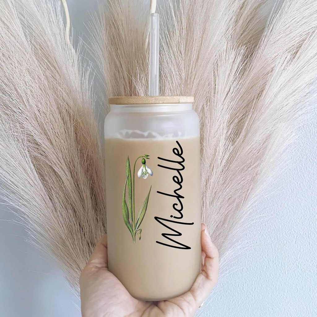 Glass Cup, Monogrammed Gifts for Women - 16 oz Glass Cups w/Lids and Straws, Iced Coffee Cup, Can Shaped Glass Tumbler for Beer - Personalized, Christmas, Birthday Gifts (MAY LILY OF THE VALLEY)