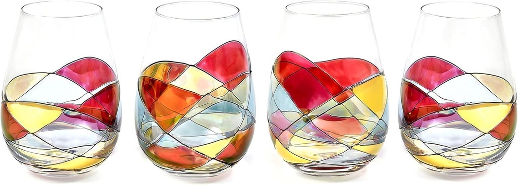 Stemless Wine Glasses – Hand‑Painted Set of 4, Unique Wine Gift for Wedding, Anniversary, Housewarming & Christmas • Sagrada Familia Style • Ideal for Women & Men
