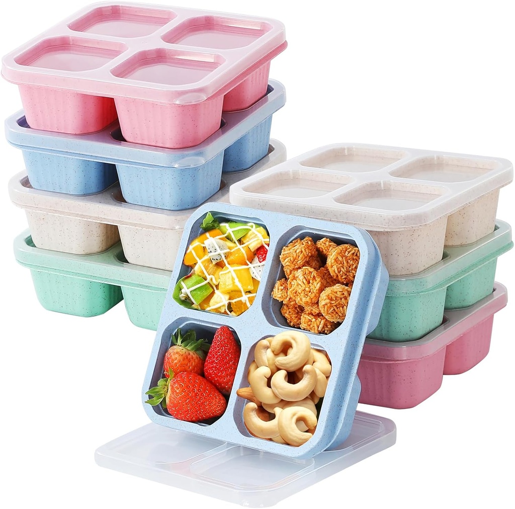 8 Pack Bento Snack Containers Set， 4 Compartment Food Storage Containers ，Wheat Straw Meal Prep Lunch Box ，Plastic Food Storage container, Microwave and Dishwasher Safe (8pack（4colour)