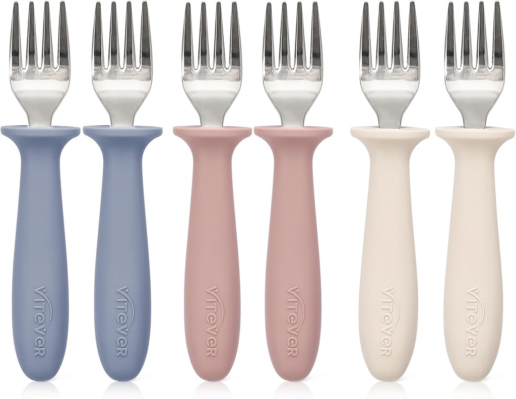 6 Pieces Toddler Forks，Kids Safe Utensils Set with Silicone Round Handle for Self Feeding，18/8 Stainless Steel Baby Forks，Children's Silverware Set BPA Free, Dishwasher Safe