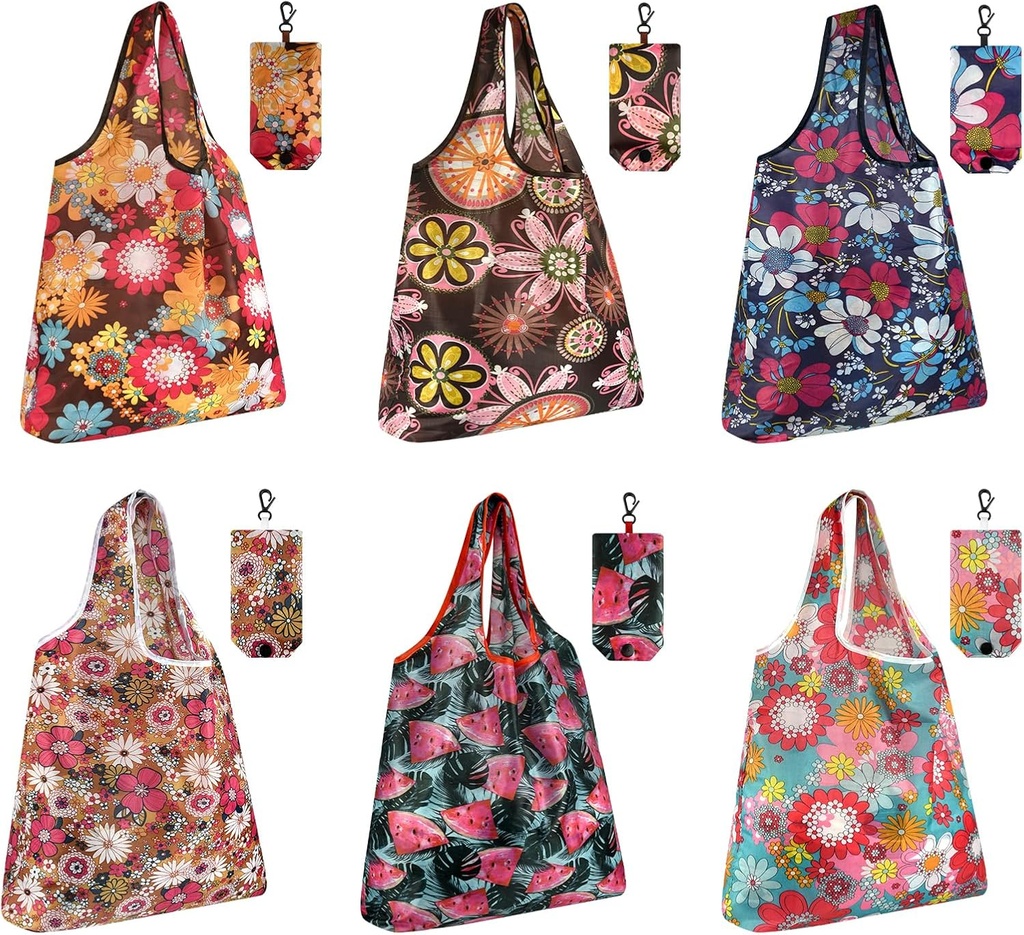 MIAHART Reusable Grocery Bags Foldable Groceries Shopping Bags Foldable Cute Tote Bags Fashion Bags Waterproof Nylon Grocery Bags (Flower Style)