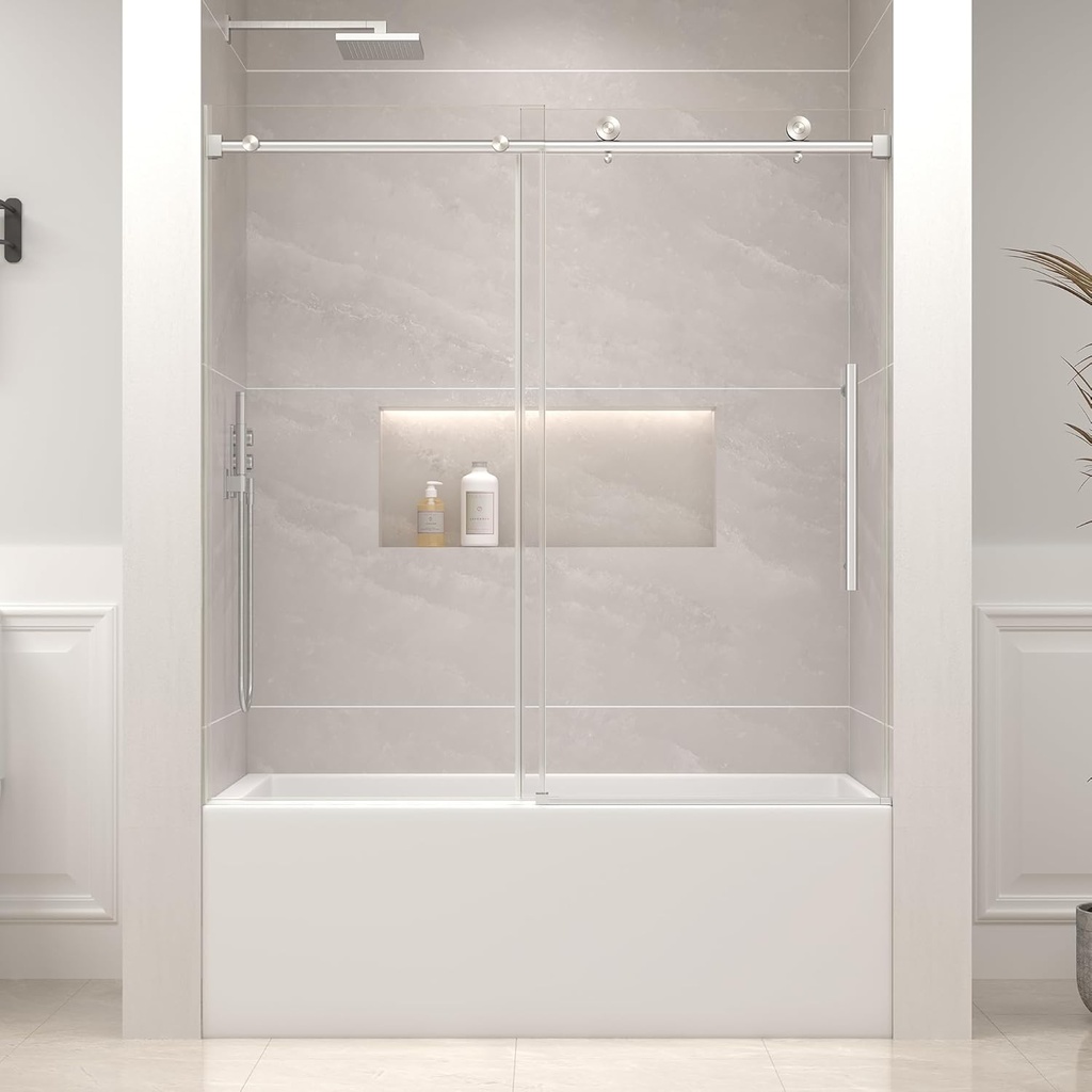 Bathtub Shower Door Frameless, 55-60" W x 60" H Sliding Tub Shower Door, 1/4''(6mm) SGCC Tempered Glass with Explosion-Proof Film Nano Coating, Stainless Steel Hardware, Brushed Nickel