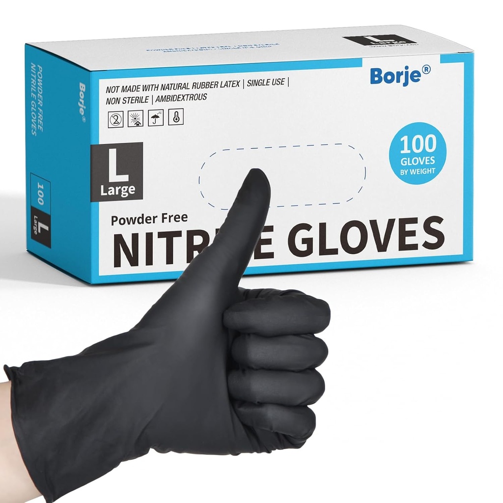 Borje Nitrile Gloves Large, 100 Count Disposable Gloves, 4 Mil, Black, Latex-Free Powder-Free, Medical Exam, Food Safe, Cleaning, Cooking