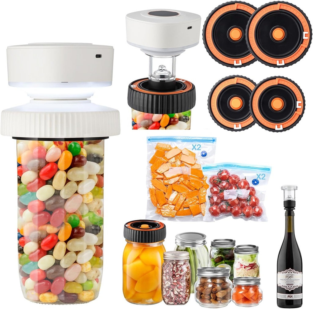 Electric Mason Jar Vacuum Sealer Kit for Wide Mouth and Regular Mouth Mason Jars, Multi-Function Automatic Vacuum Sealer with 2 Wide Mouth and Regular Mouth Reusable Lids for Food Storage