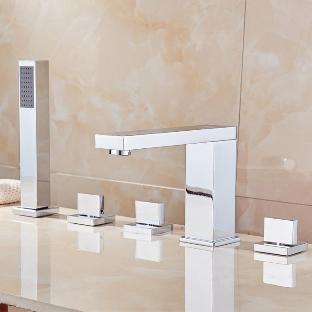 Bath Shower Mixer Tap 4 Hole Bath Mixer Tap with Hand Shower Chrome Bathtub Faucets Bath Shower Set Tub Tap Shower Head and Hose Set for Bath Taps