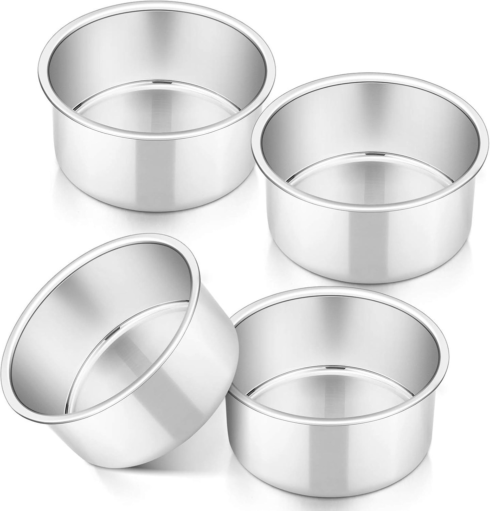P&P CHEF Cake Pan Set of 4, Stainless Steel Baking Round Cake Pans Tins Bakeware for Birthday Wedding, Leak-proof & Easy Clean, Mirror Finish & Easy Releasing, 4 Inch